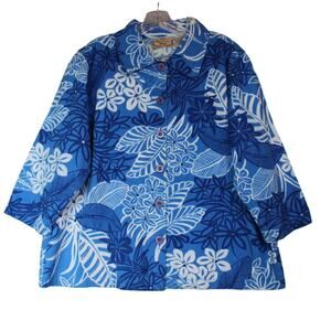 Life Style Woman 1X Blue Hawaiian 3/4 Sleeve Button‎ Up Jacket/Top